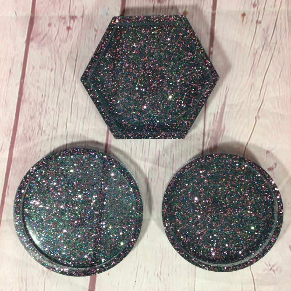 Hand Crafted Purple and Blue Glitter Coasters - Set of 3